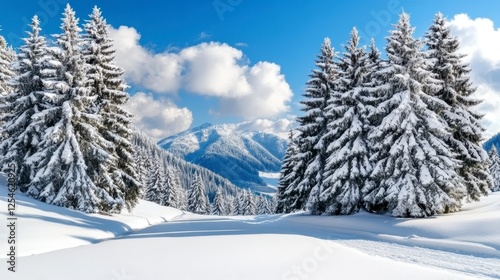 Snowy mountain landscape with tall evergreen trees covered in snow, pristine snow covered ski slopes, sunny day, clear blue sky, and fluffy white photo