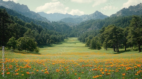 Vibrant Wildflower Meadow Surrounded by Majestic Mountains Under a Clear Blue Sky