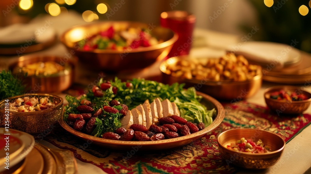 Festive dinner table setting with colorful dishes, holiday decorations, and soft ambient lighting Festive dinner table setting with colorful dishes, holiday decorations, and soft ambient lighting