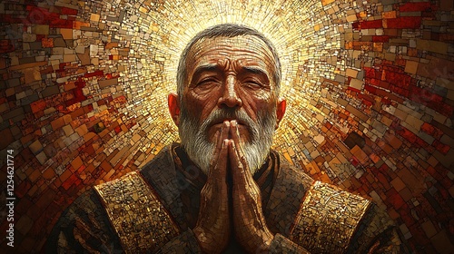 A divine mosaic depiction of Saint Padre Pio standing in prayer, his stigmata glowing softly, delicate tesserae forming lifelike expressions, intricate gold and red tilework in the background,