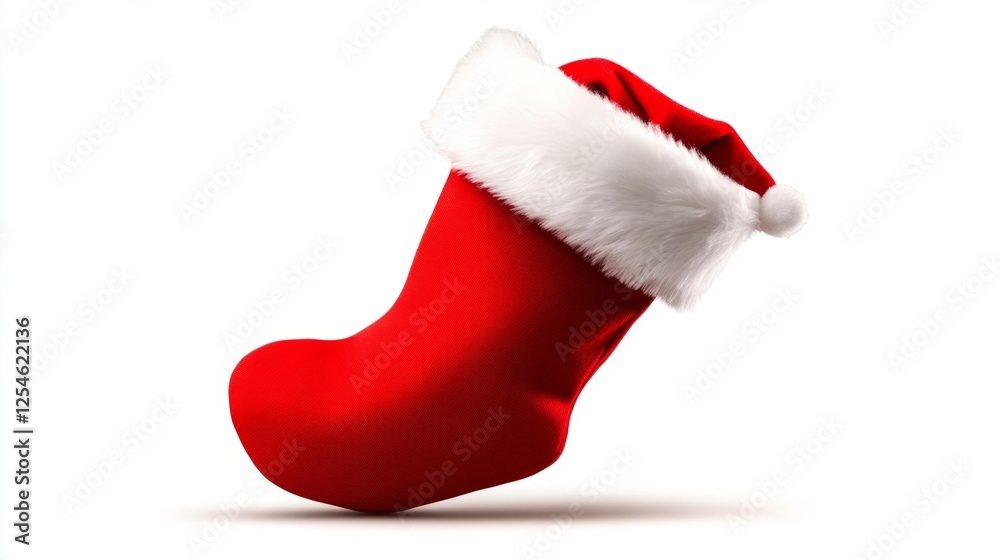 Red Christmas stocking isolated on a white background with fur trim. Generative AI Red Christmas stocking isolated on a white background with fur trim. Generative AI