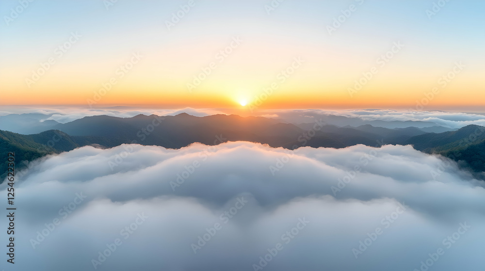 Sunrise over mountain peaks, clouds below, scenic view, travel photography Sunrise over mountain peaks, clouds below, scenic view, travel photography