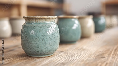 Beautiful Handcrafted Ceramic Pots on Wooden Table in Studio. Generative AI photo