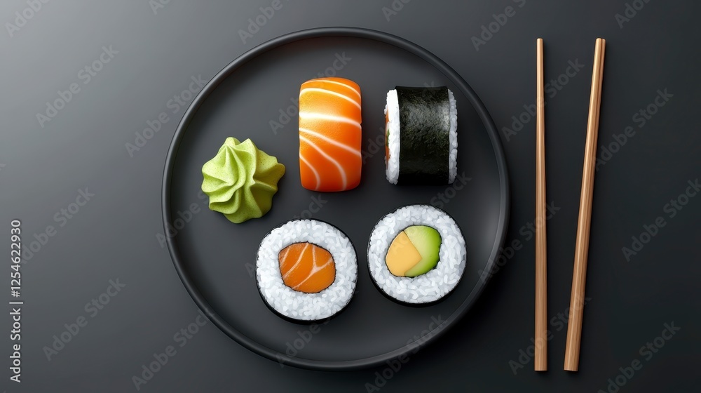 Sushi rolls arranged on a dark plate, topped with colorful fish, and a dollop of green sauce, alongside wooden chopsticks. Top down view, studio Sushi rolls arranged on a dark plate, topped with colorful fish, and a dollop of green sauce, alongside wooden chopsticks. Top down view, studio