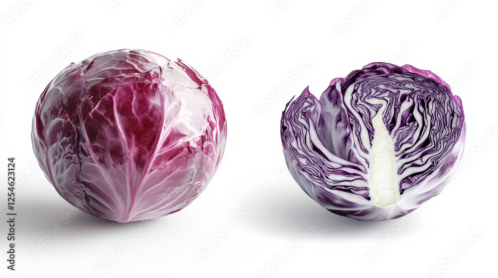 whole red cabbage and halved red cabbage showcasing vibrant colors and intricate textures. Perfect for culinary presentations or healthy eating concepts whole red cabbage and halved red cabbage showcasing vibrant colors and intricate textures. Perfect for culinary presentations or healthy eating concepts