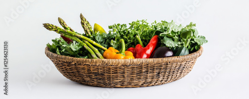 vibrant wicker basket filled with fresh, colorful vegetables like asparagus, peppers, and leafy greens, showcasing healthy lifestyle photo