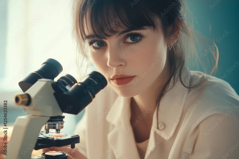 A young woman scientist intensely looks through a microscope, deeply focused on her research. A young woman scientist intensely looks through a microscope, deeply focused on her research.