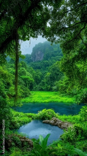 Rainforest lush oxygen concept. A serene jungle landscape featuring lush greenery and a calm blue water body surrounded by dense foliage and mountains in the background.