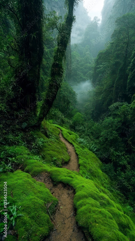 Fototapeta premium Rainforest lush oxygen concept. A misty forest path winds through lush greenery, surrounded by tall trees and vibrant moss, creating a serene and enchanting atmosphere.