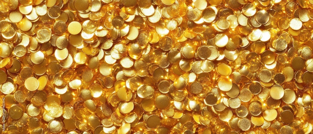 Close-up of shimmering gold coins scattered abundantly Close-up of shimmering gold coins scattered abundantly