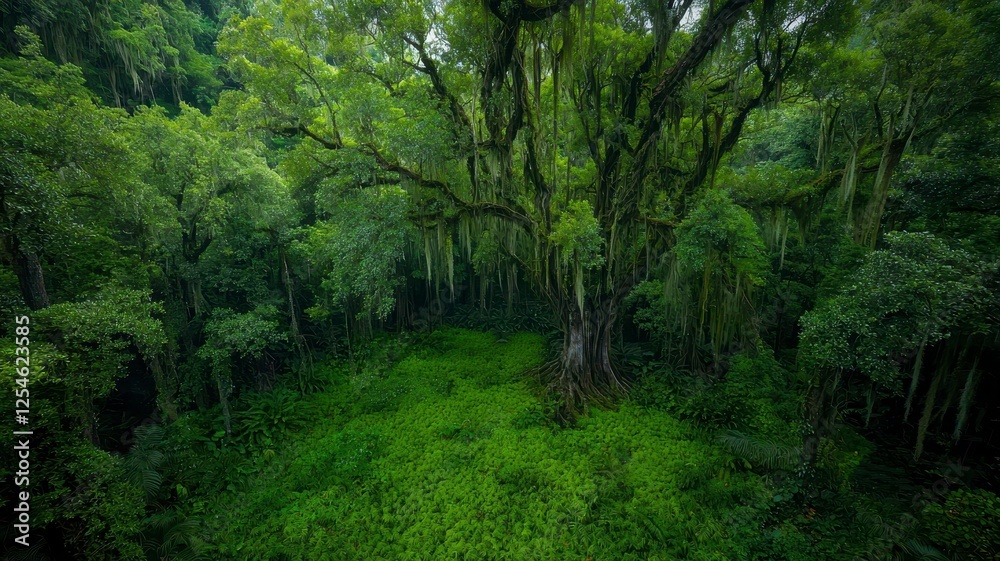 Rainforest lush oxygen concept. A dense, vibrant forest scene showcasing a large tree surrounded by lush green foliage and a carpet of grass. Rainforest lush oxygen concept. A dense, vibrant forest scene showcasing a large tree surrounded by lush green foliage and a carpet of grass.