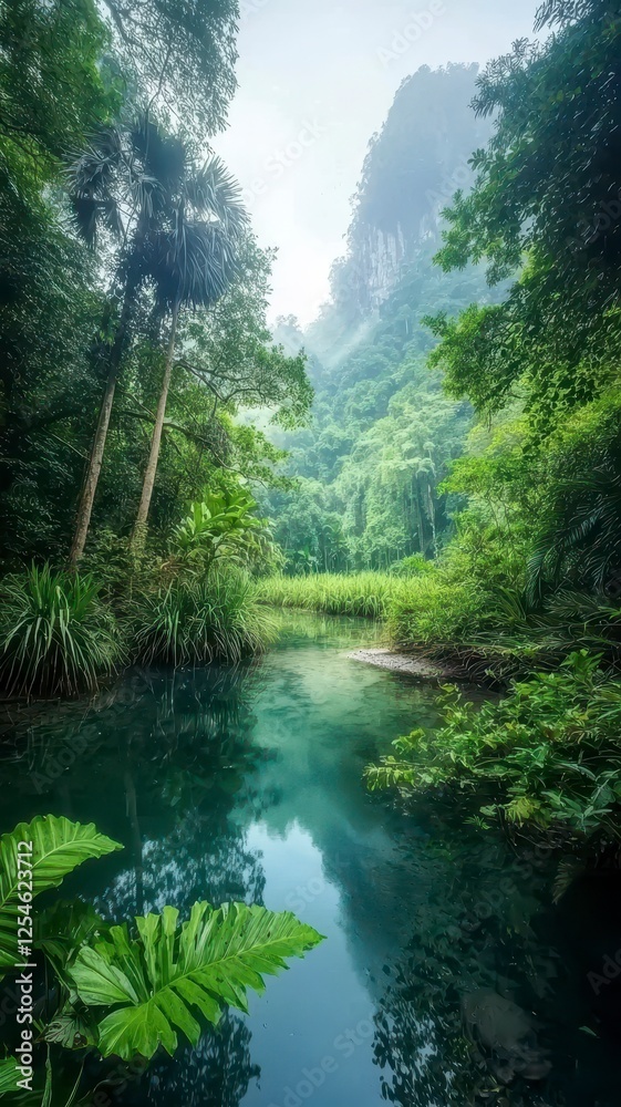 Fototapeta premium Rainforest lush oxygen concept. Lush green jungle landscape featuring a tranquil river surrounded by dense foliage and towering cliffs, creating a serene natural atmosphere.