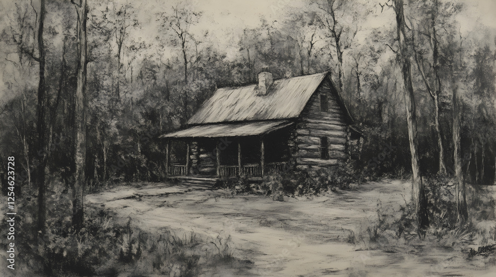 charcoal drawing of a rustic wooden cabin in a peaceful forest setting charcoal drawing of a rustic wooden cabin in a peaceful forest setting