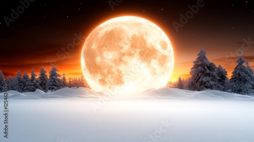 Huge Full Moon Rising Over Snowy Winter Landscape. Generative AI photo