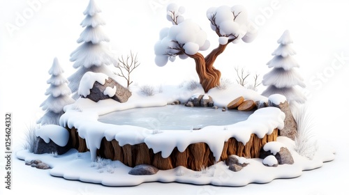 Winter Wonderland with Snowy Trees and Frozen Pond. Generative AI photo