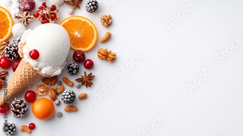 Winter Ice Cream With Fruits And Nuts On A White Background. Generative AI photo