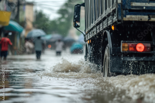 People are pushing a truck on a waterlogged street after heavy rain photo