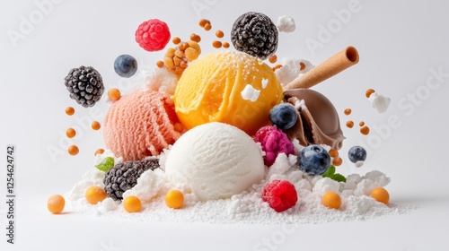 Colorful ice cream scoops surrounded by fresh berries and toppings with sugar powder. Generative AI photo