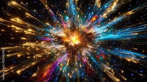 A vibrant explosion of colors and light in a cosmic setting, representing energy and motion
