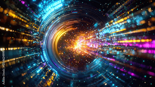 Abstract vortex of vibrant colors and light particles swirling in a cosmic background