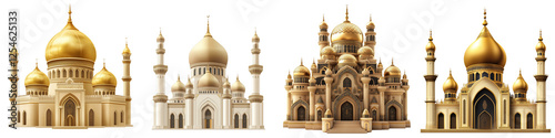 Set of a traditional Islamic mosque silhouette with golden domes, isolated on a transparent background.