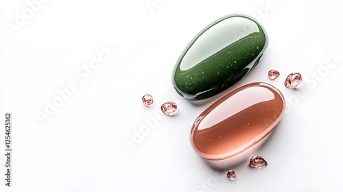 Minimalist Gemstones in Green and Pink on a White Background. Generative AI photo