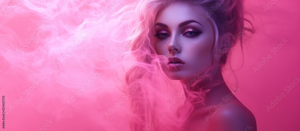 Obraz premium Portrait beautiful woman isolated pink smoke background. AI generated image