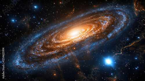 Stunning spiral galaxy illuminated by a bright core, surrounded by distant stars and cosmic dust