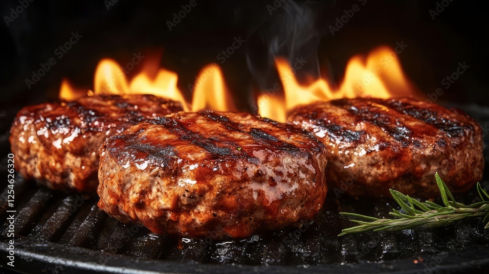 Juicy grilled burgers searing on a barbecue with flames and smoky background. Juicy grilled burgers searing on a barbecue with flames and smoky background.