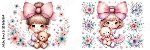 Adorable little girl with a large bow in her hair, holding a teddy bear and surrounded by tiny flowers and sparkles. Clipart illustration isolated on a white background