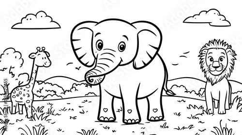 Cartoon animals in a jungle landscape; coloring page photo