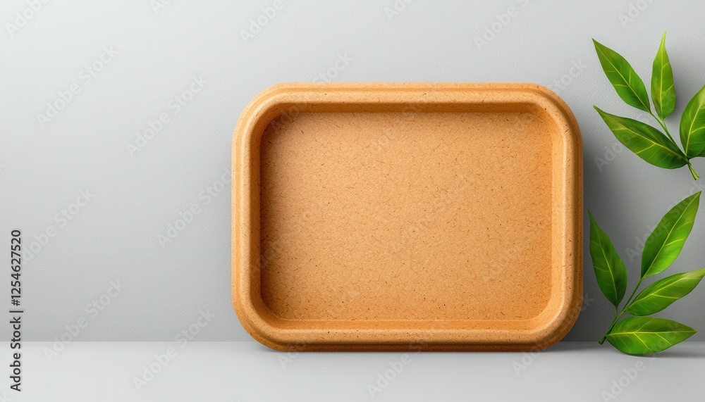Minimalist wooden tray on a surface with green leaves, perfect for serving food or as a decorative element. Minimalist wooden tray on a surface with green leaves, perfect for serving food or as a decorative element.