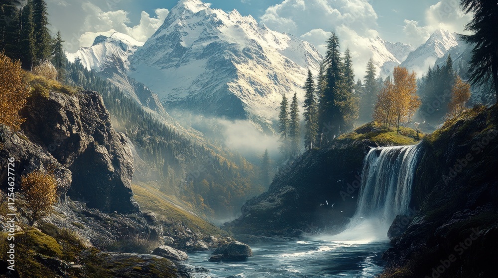 Fototapeta premium Scenic Mountain Valley With Waterfall And Autumn Colors