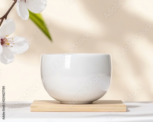 Minimalistic white bowl on a wooden base surrounded by blossoms, perfect for serene home decor. photo