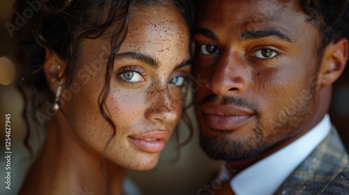 Close-up portrait of young caucasian female and african male with freckles and curly hair