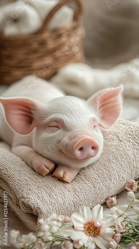 Wallpaper Mural Happy piglet lying on a soft cushion, tiny flowers and spa tools around digital Torontodigital.ca