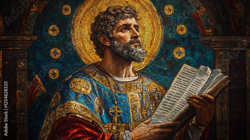 A heavenly Byzantine mosaic illustrating Saint Augustine, lifting his quill with inspiration, intricate gold tesserae forming angelic patterns above,