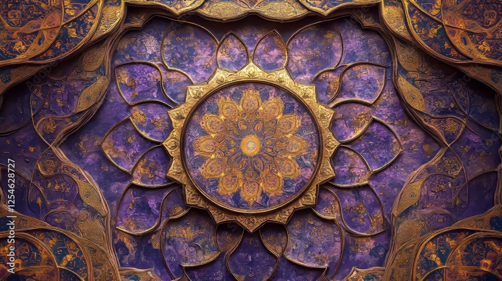 Obraz premium A vibrant Arabic background with intricate patterns of swirls, floral motifs, and geometric tiles, in shades of rich purple and gold