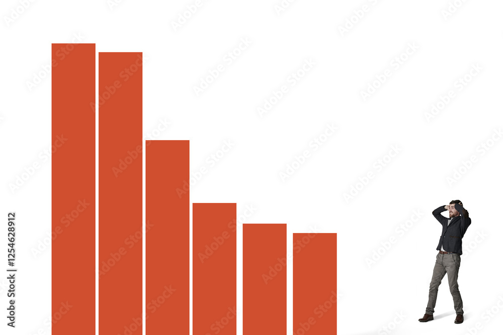 Graph, stress and stock market with business man in studio for president tariffs, global chart and revenue generation. Investment data, mockup space and trade policy with person on white background Graph, stress and stock market with business man in studio for president tariffs, global chart and revenue generation. Investment data, mockup space and trade policy with person on white background