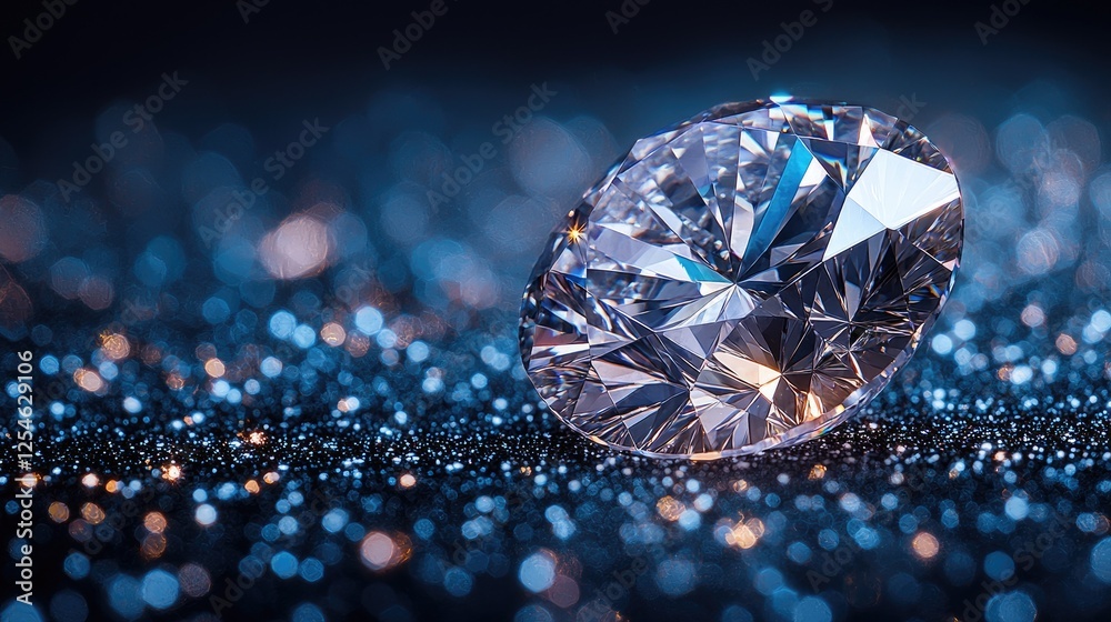Close-up of a sparkling diamond on a shimmering blue background with bokeh effects Close-up of a sparkling diamond on a shimmering blue background with bokeh effects