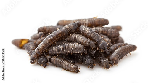 Pile of processed black soldier fly larvae on a white background