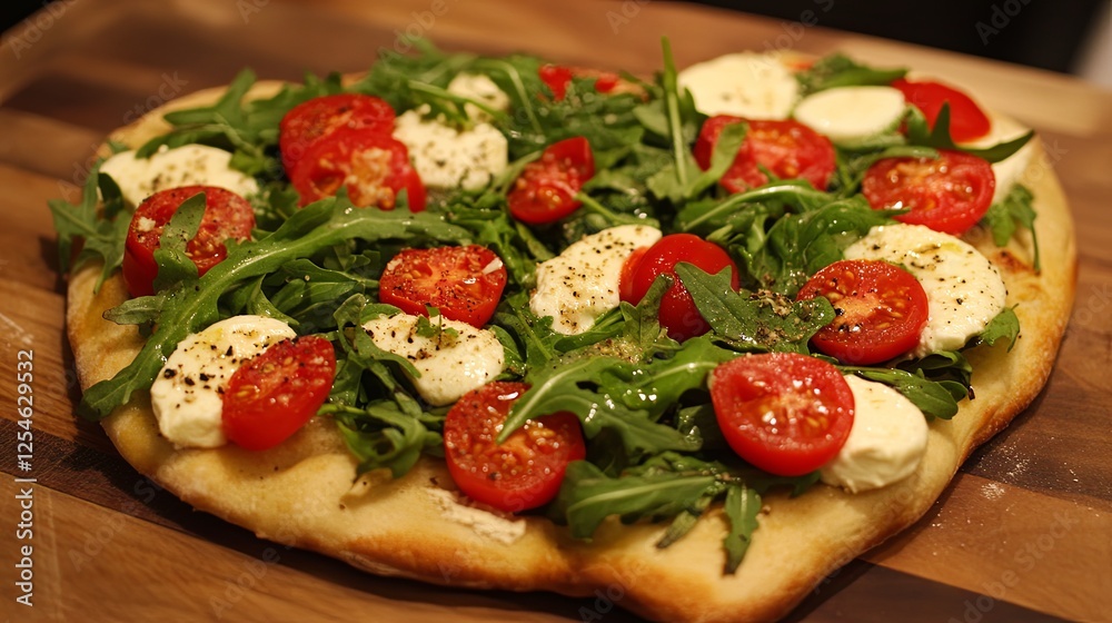A heart-shaped pizza topped with mozzarella, tomatoes, and fresh arugula, perfect for Valentine's Day digital A heart-shaped pizza topped with mozzarella, tomatoes, and fresh arugula, perfect for Valentine's Day digital