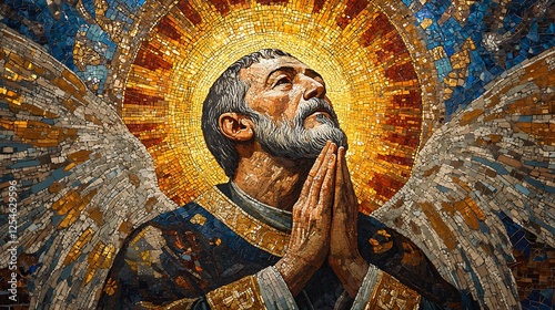 A heavenly Byzantine mosaic illustrating Saint Padre Pio, his stigmata shining softly as he kneels in prayer, intricate gold tesserae forming angelic patterns above,