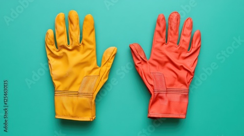 Wallpaper Mural Yellow and red work gloves on teal background. Safety equipment for work projects Torontodigital.ca