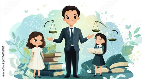 Lawyer explaining justice to kids, books background, possible educational use photo