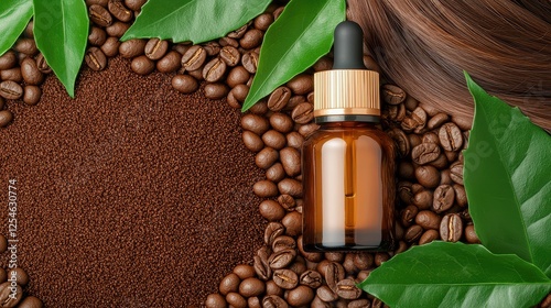 Coffee Hair Care Serum Concept, Vibrant Display of Coffee Grounds with Serum Bottle and Fresh Green Leaves Aesthetically Arranged