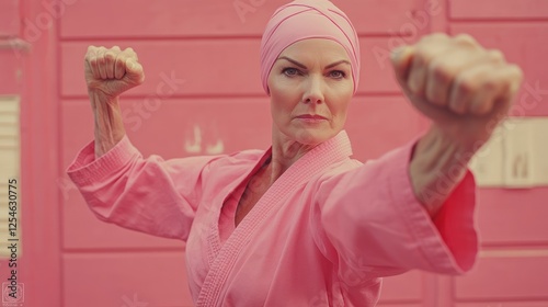 Determined woman in pink karate gi practicing martial arts.