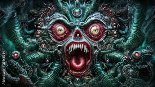 Close up view of a monstrous face, detailed with mechanical components, glowing eyes, and a wide open mouth exposing sharp teeth; dark, mysterious photo