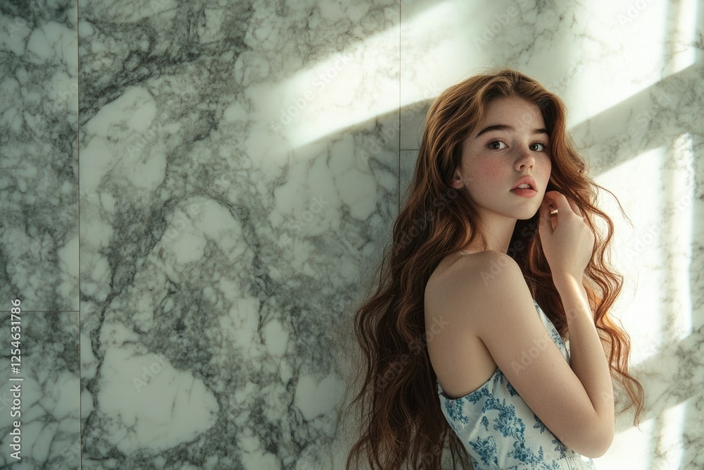 Fototapeta premium A young woman with long auburn hair poses against a marble wall, bathed in sunlight.