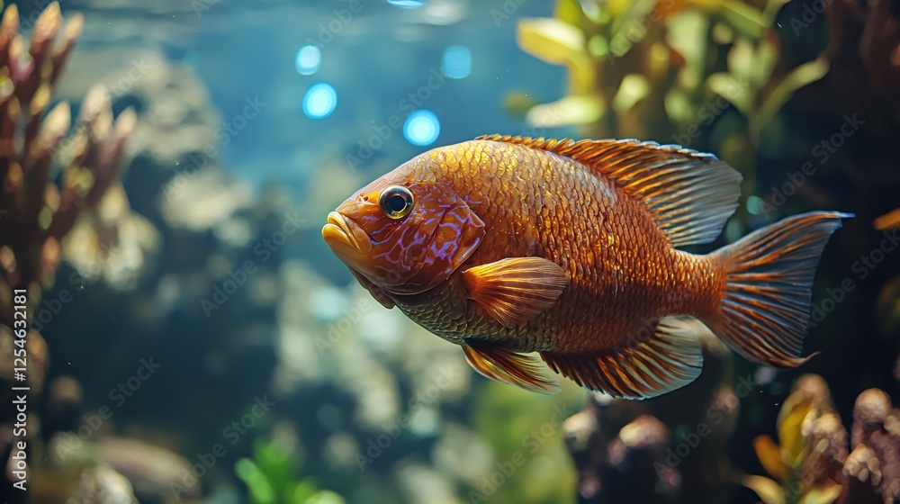 Captivating close up of a vibrant orange fish swimming gracefully in a lush aquatic environment Captivating close up of a vibrant orange fish swimming gracefully in a lush aquatic environment